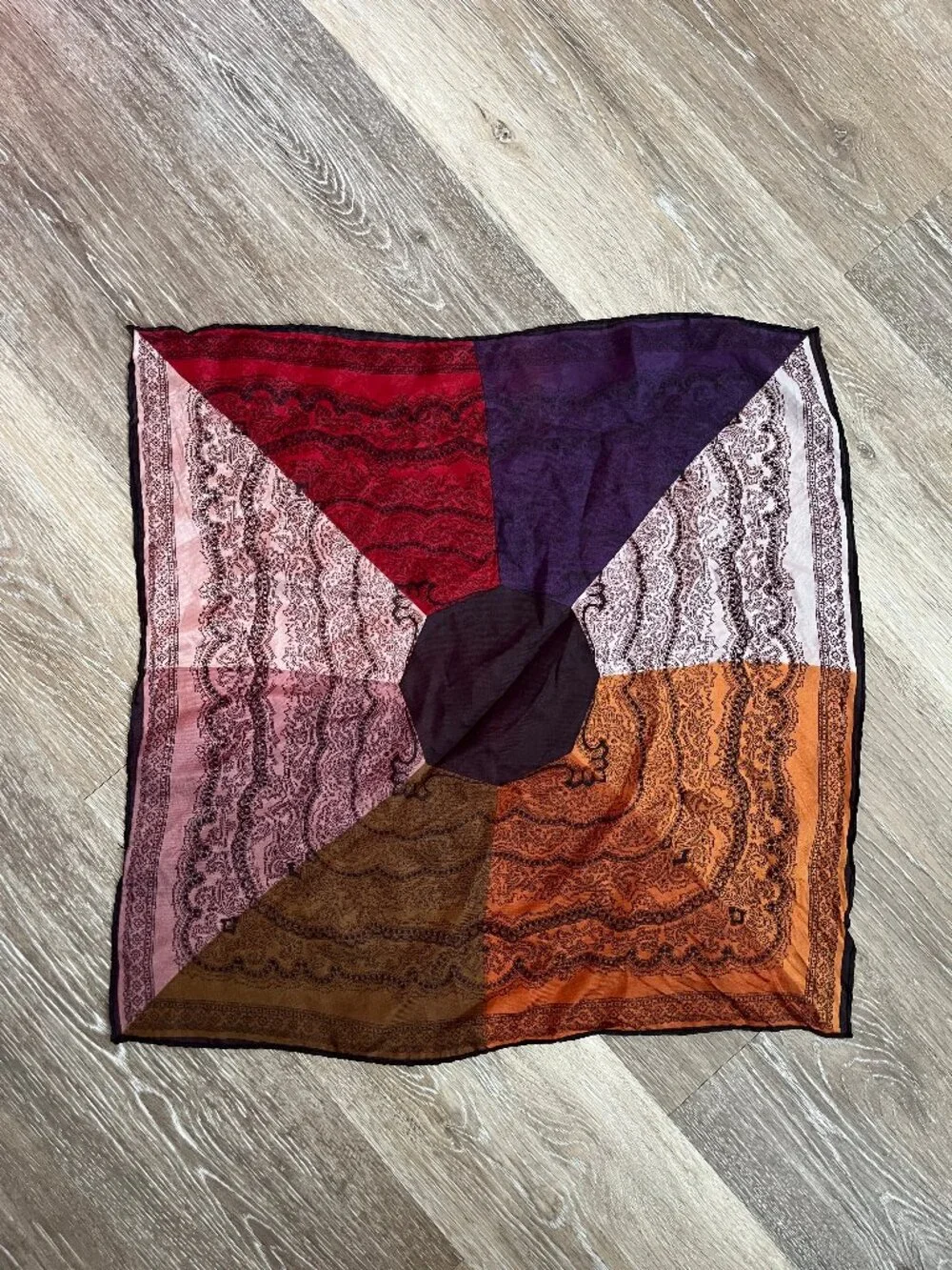 Vintage Color Block Star Cut Jewel Tone Colorful Head Scarf / Handkerchief